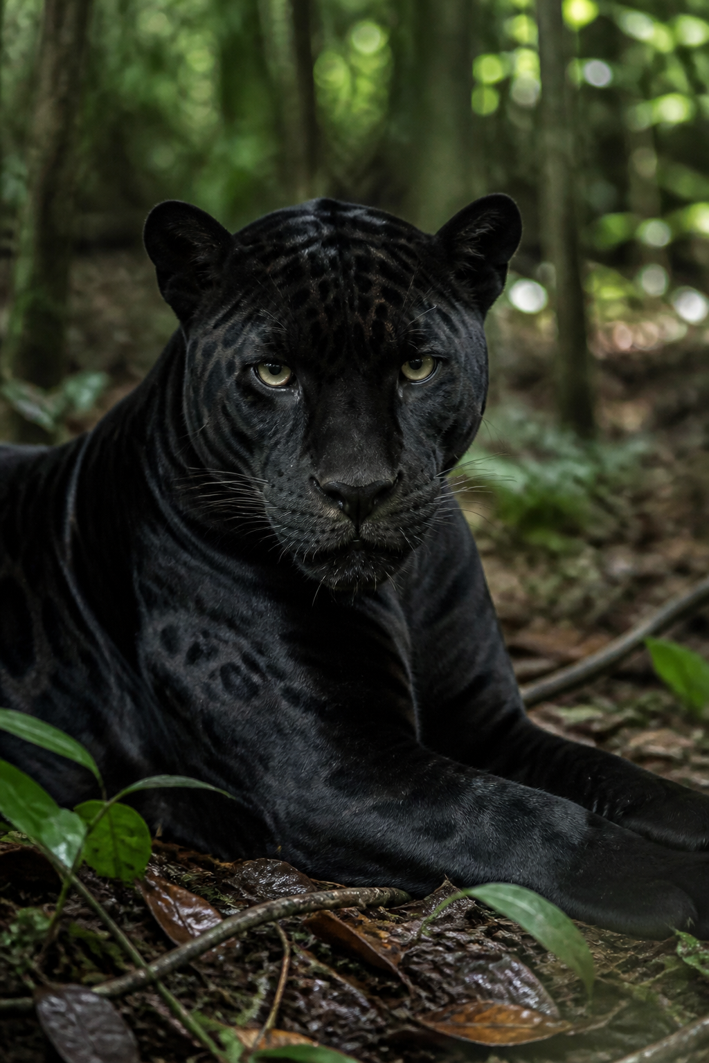 Black jaguar resting on the rainforest floor
